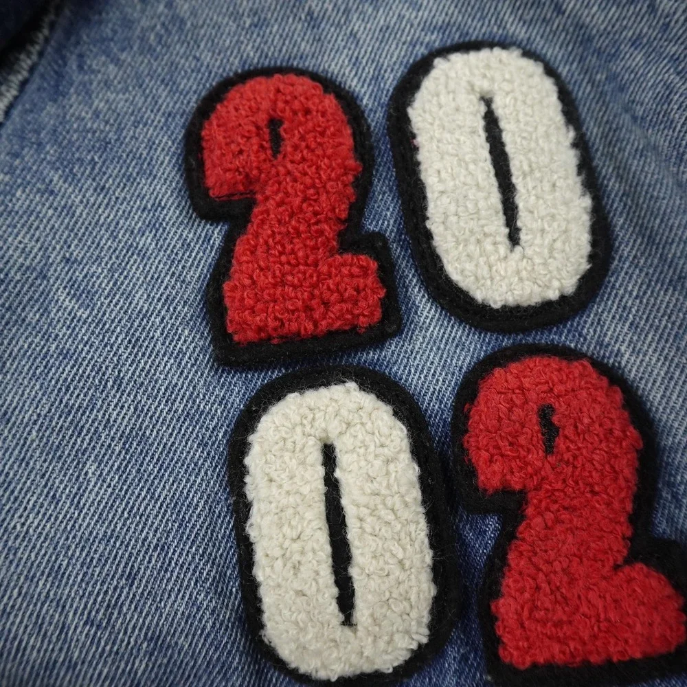 NEW True Religion Jacket Mens L Blue Denim Jean Trucker Coat Varsity Patch Y2K‎